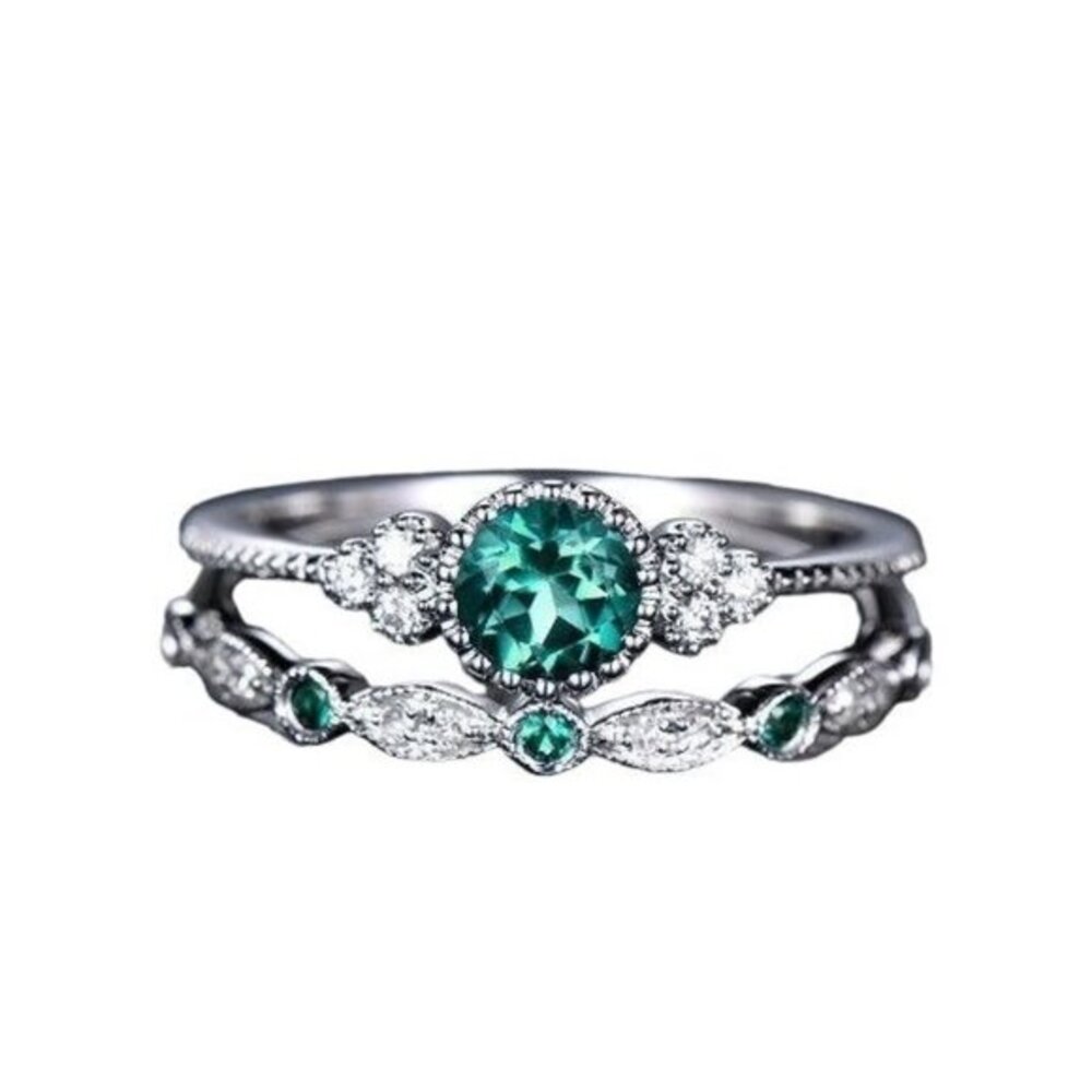 Emerald Ring Set Women Green‎ Bridal size 8 Vintage Wedding Band Anniversary
